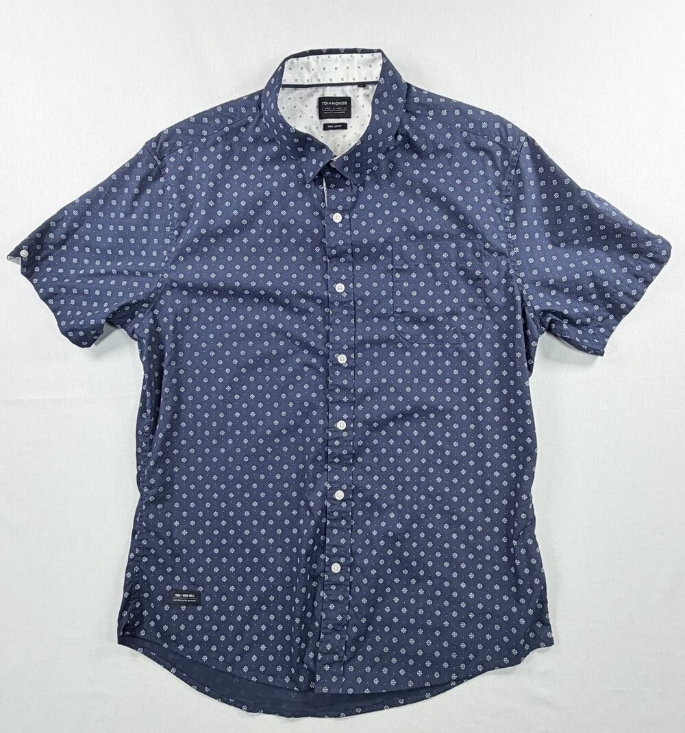 7 Diamonds Men's Blue Medallion Short Sleeve Pima Cotton Shirt Slim Fit Size L